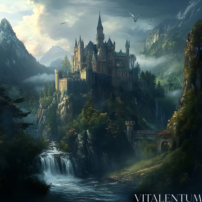 Mountain Castle Vista with Flowing River AI Image