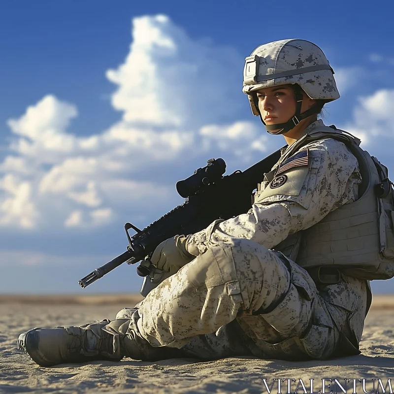 Female Soldier with Rifle on Sand AI Image