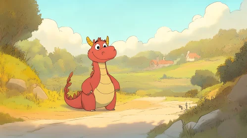 Cartoon Dragon in Countryside Scenery