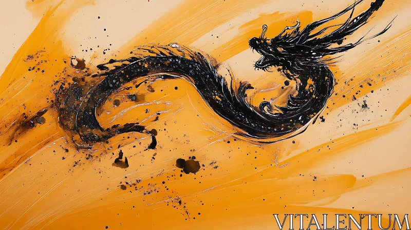 Ink Dragon Art on Orange Background AI Image