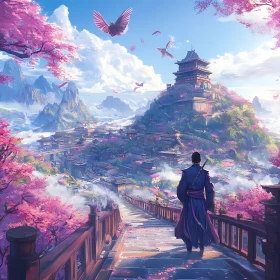 Traditional Asian City with Figure and Sakura