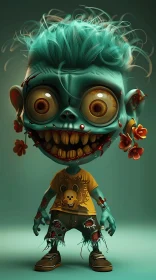 3D Rendered Green Cartoon Zombie with Floral Accents