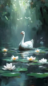 Swan Amidst Blooming Water Lilies