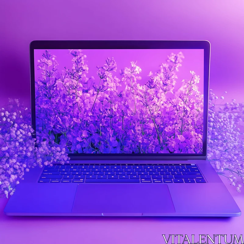 AI ART Blossoms on Display: Laptop and Flowers in Harmony