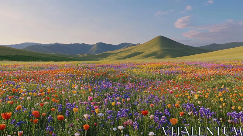 AI ART Vibrant Wildflower Meadow with Green Hills