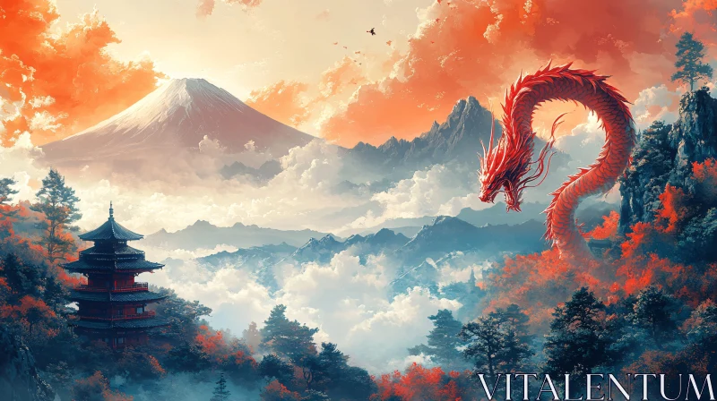 Crimson Dragon Pagoda Mountain View AI Image