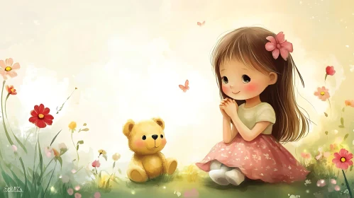 Cartoon Girl with Teddy Bear Illustration