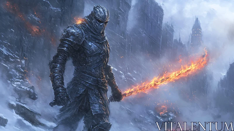 Warrior in Dark Armor with Fire Blade AI Image