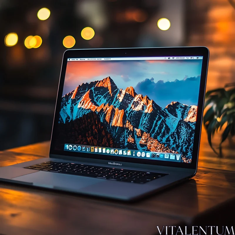 Laptop on Wooden Table with Scenic Background AI Image