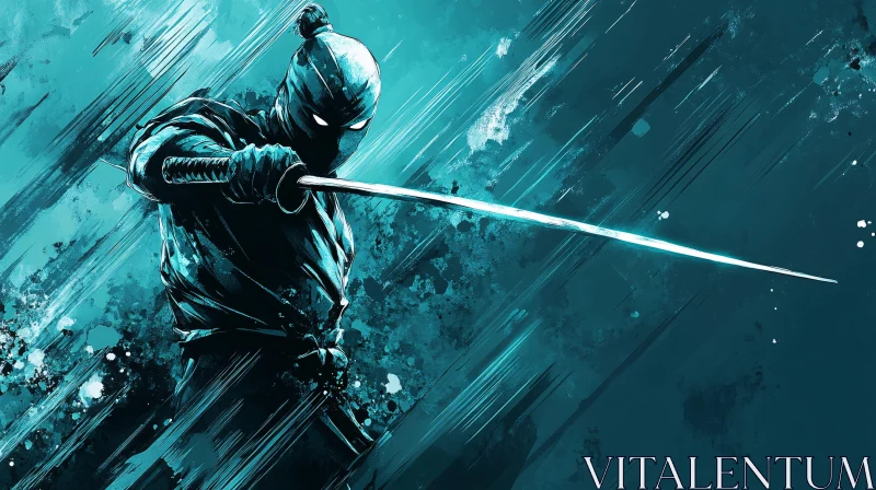 AI ART Teal Ninja with Sword Illustration