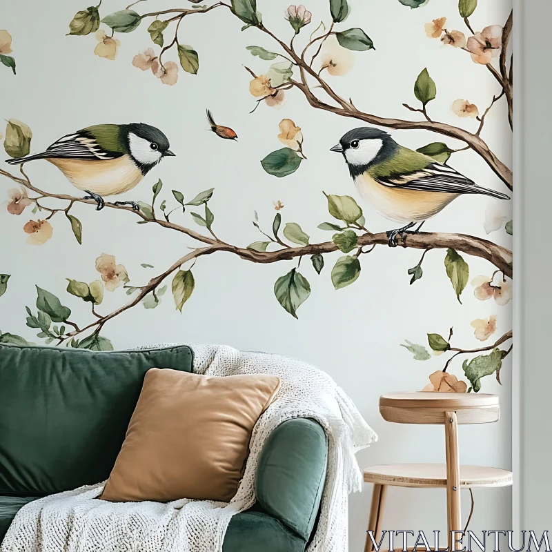 Birds on Branches Mural AI Image