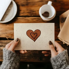 Love Letter with Heart on Wooden Table