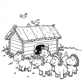 Country Barn Cartoon with Horses and Birds