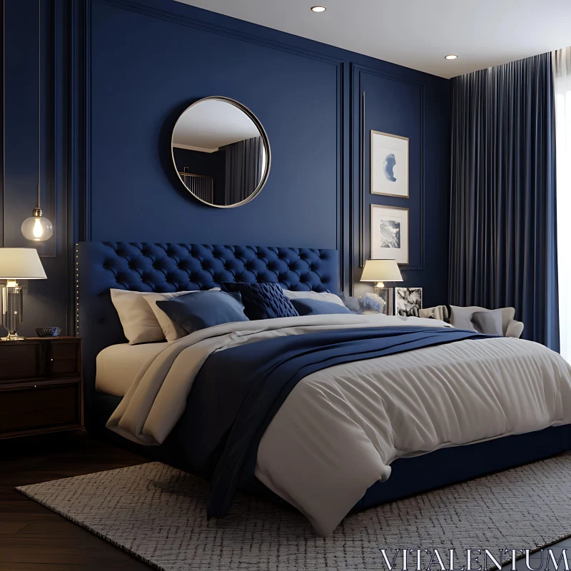 AI ART Elegant Bedroom in Deep Blue with Luxurious Furnishings