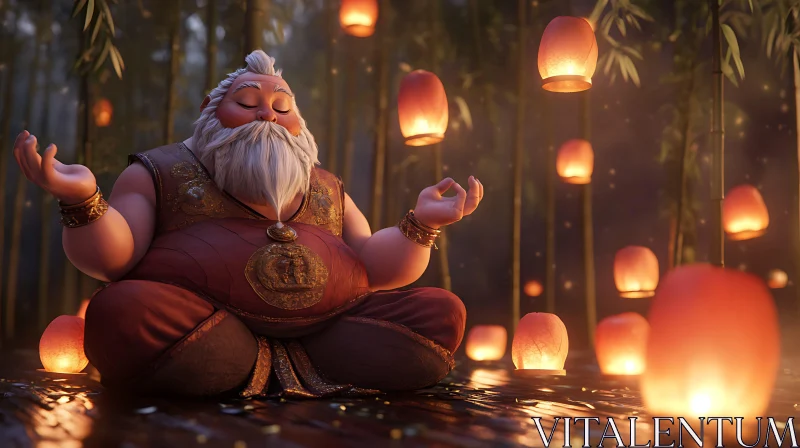 Meditative Character Surrounded by Lanterns AI Image