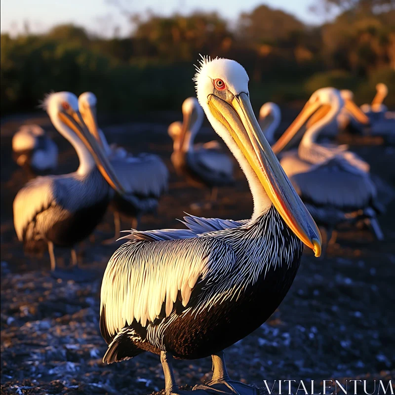 Pelicans Gathering at Dusk: A Coastal Scene AI Image