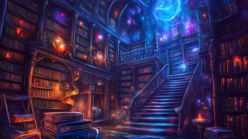 Mystical Library with Glowing Books