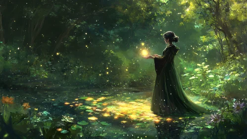 Mystical Forest Scene with Woman and Light