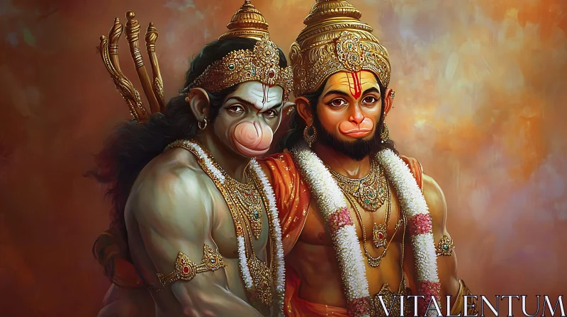 Two Hanuman Figures in Golden Crowns AI Image