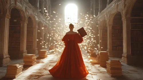 Lady in Red in Ancient Library