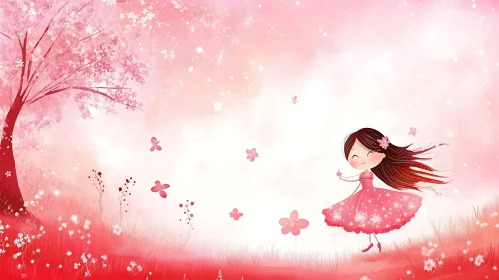 Girl in Pink Dress with Flowers