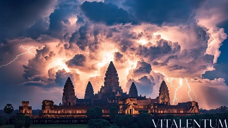 Ancient Temple with Stormy Lightning Sky AI Image