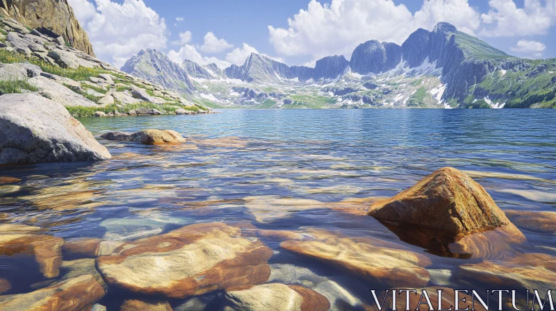 Tranquil Rocky Lakeside AI Image