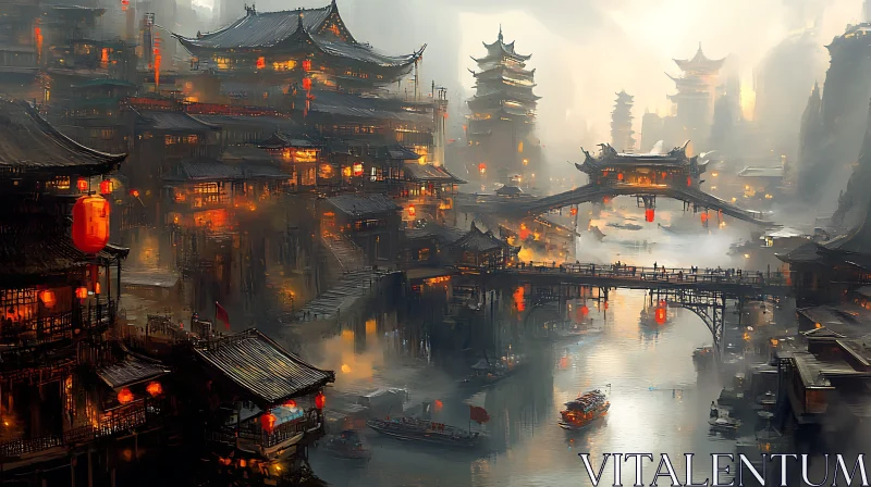 Tranquil Asian Waterfront at Dusk AI Image