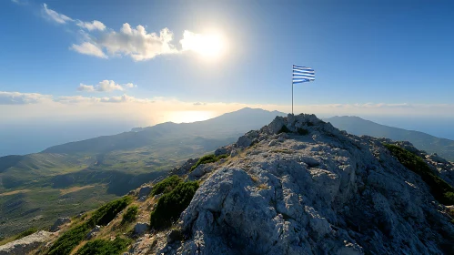 Mountain Top View with Greek Flag