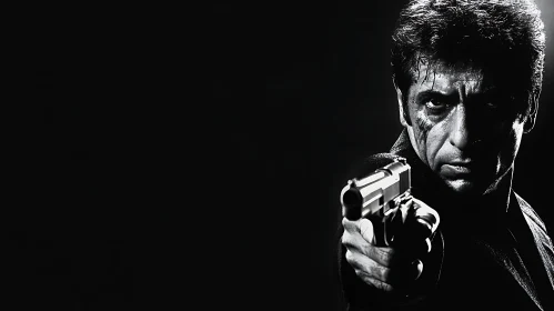 Monochrome Portrait of Man Holding Firearm