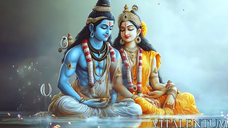 Serene Gods: A Hindu Couple's Portrait AI Image