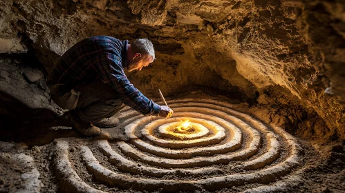 Man Carving Earth Art in Cave