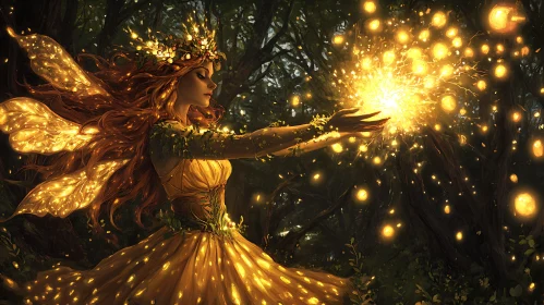 Golden Fairy in Mystical Woods