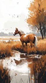 Serene Horse in Golden Landscape