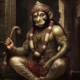 Ornate Monkey Deity with Staff and Garland