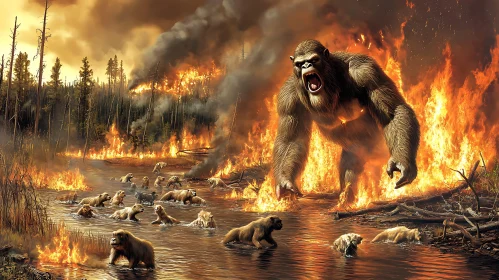 Primate's Roar Amidst Burning Wilderness