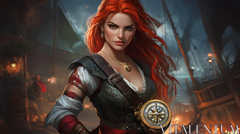 Red-Haired Pirate with Compass AI Image