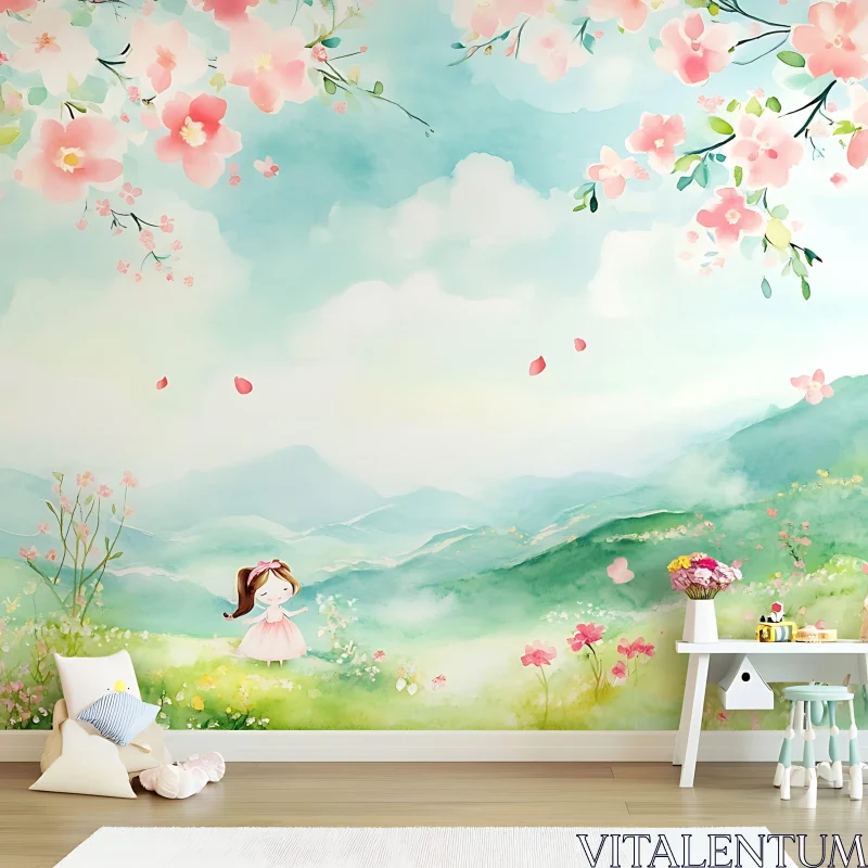 Pastel Child's Room Decor with Artistic Wall Mural AI Image