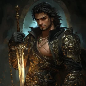 Man with Sword in Dark Attire