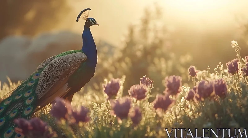 Golden Hour Peacock Among Flowers AI Image