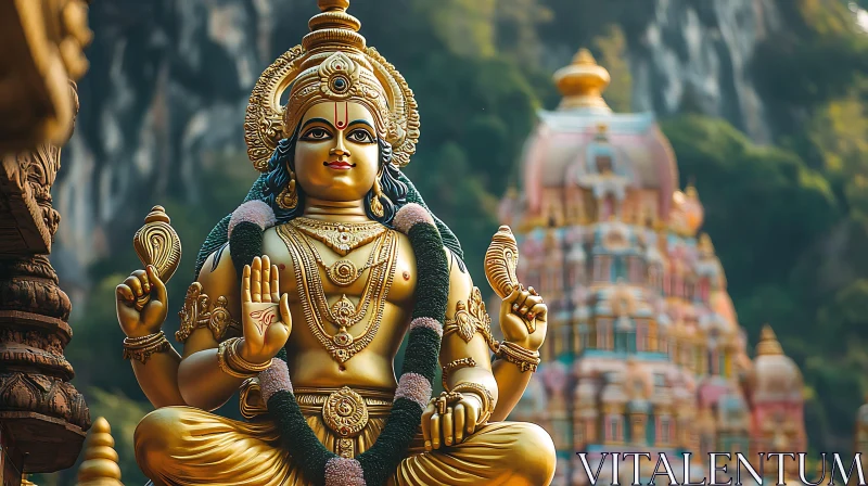 Gilded Deity Statue with Temple Backdrop AI Image