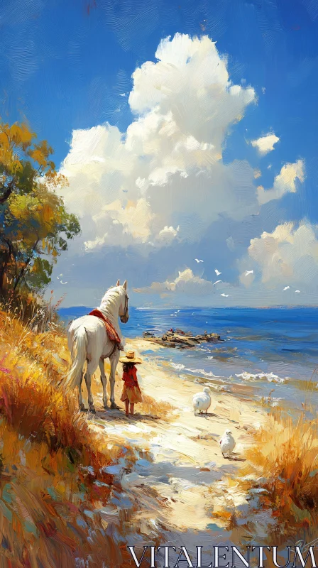 Tranquil Beach Scene with Horse and Child AI Image