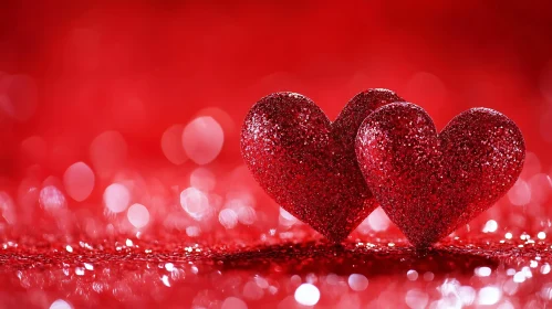 Three Glitter Hearts on Red Background