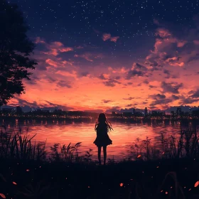 Girl at Sunset: Tranquil Water Reflection