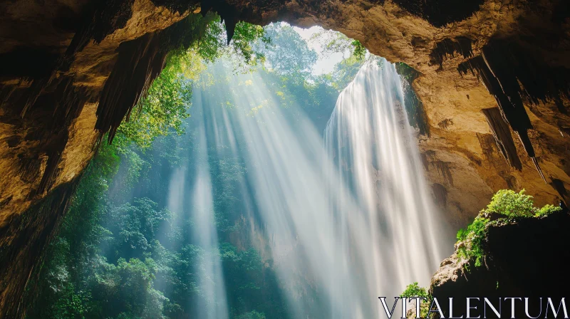 Enchanted Waterfall in Nature's Cave AI Image