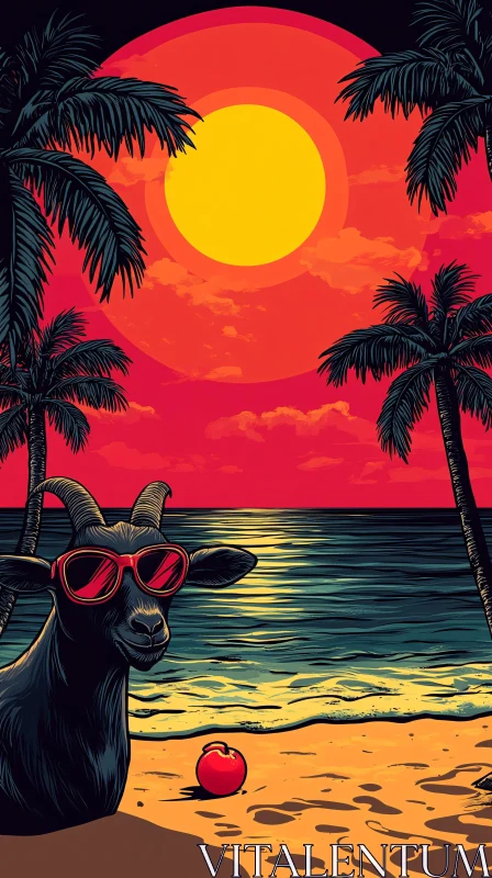 Surreal Sunset with Goat and Apple AI Image