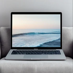 Laptop Displaying Tranquil Ocean Waves at Sunrise