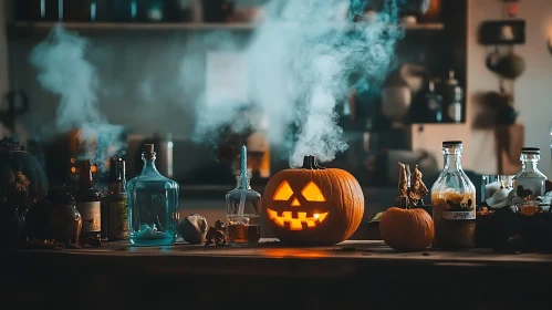 Spooky Pumpkin and Bottles Composition