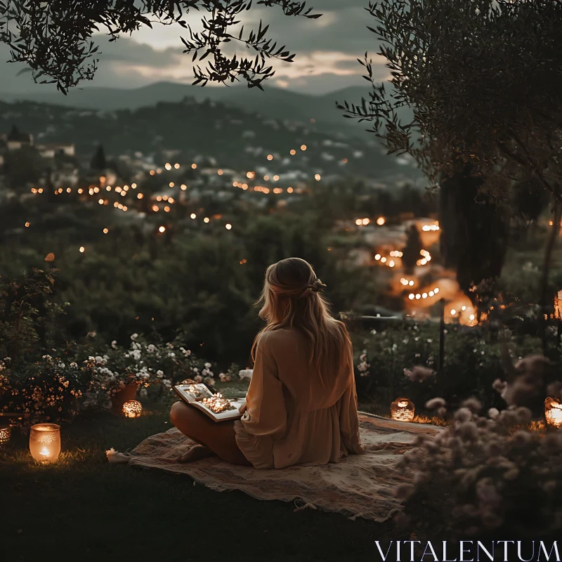 Woman Reading Outdoors at Night AI Image