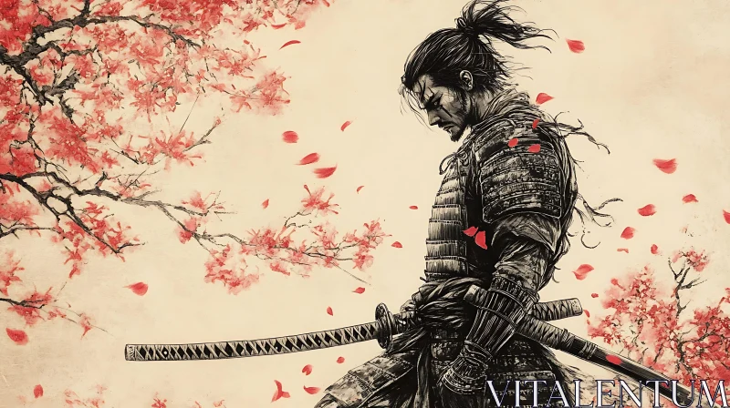 Monochrome Samurai with Red Blossoms AI Image